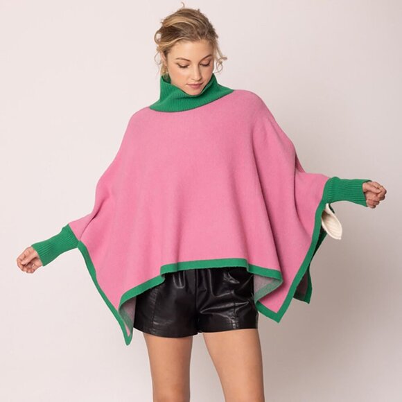 AKA 🩷 Pink and Green 💚 Turtleneck Poncho One Size - Picture 1 of 5